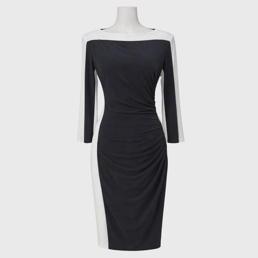 NWT size 6. Lauren Ralph Lauren Black w/White colorblocked rouched Sheath Dress